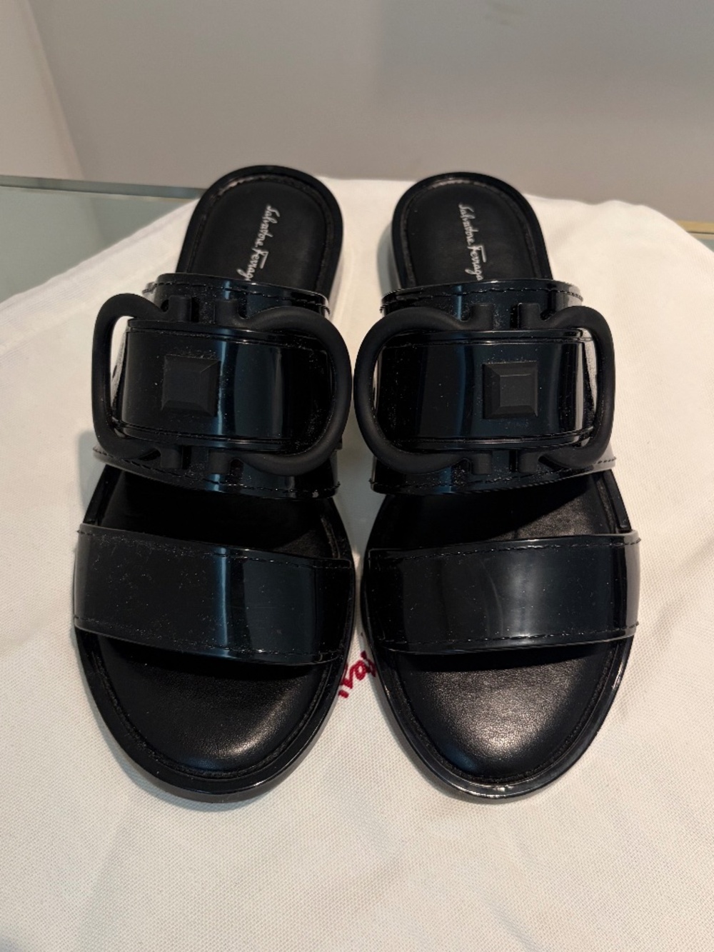 Salvatore Ferragamo Taryn Slide Sandals Flat Pvc Black